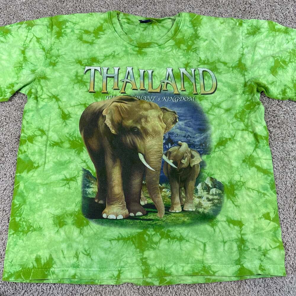 Thailand Elephant Tie Dye Graphic T Shirt Mens XL Green Travel Souvenir Tee EUC